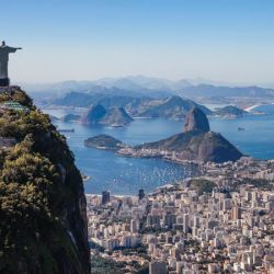 Brazil, Rio de Janeiro, cariocas landscape listed as World Heritage by UNESCO, general view with the Christ of Corcovado (O Cristo Redentor), (aerial view)