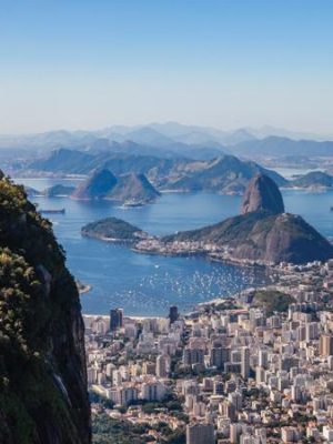 Brazil, Rio de Janeiro, cariocas landscape listed as World Heritage by UNESCO, general view with the Christ of Corcovado (O Cristo Redentor), (aerial view)